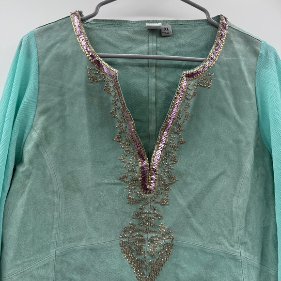 Vintage Wilson's Leather‎ Blue Suede Boho Western Sequin Kimono Sleeve Top Sz XL - Picture 2 of 16